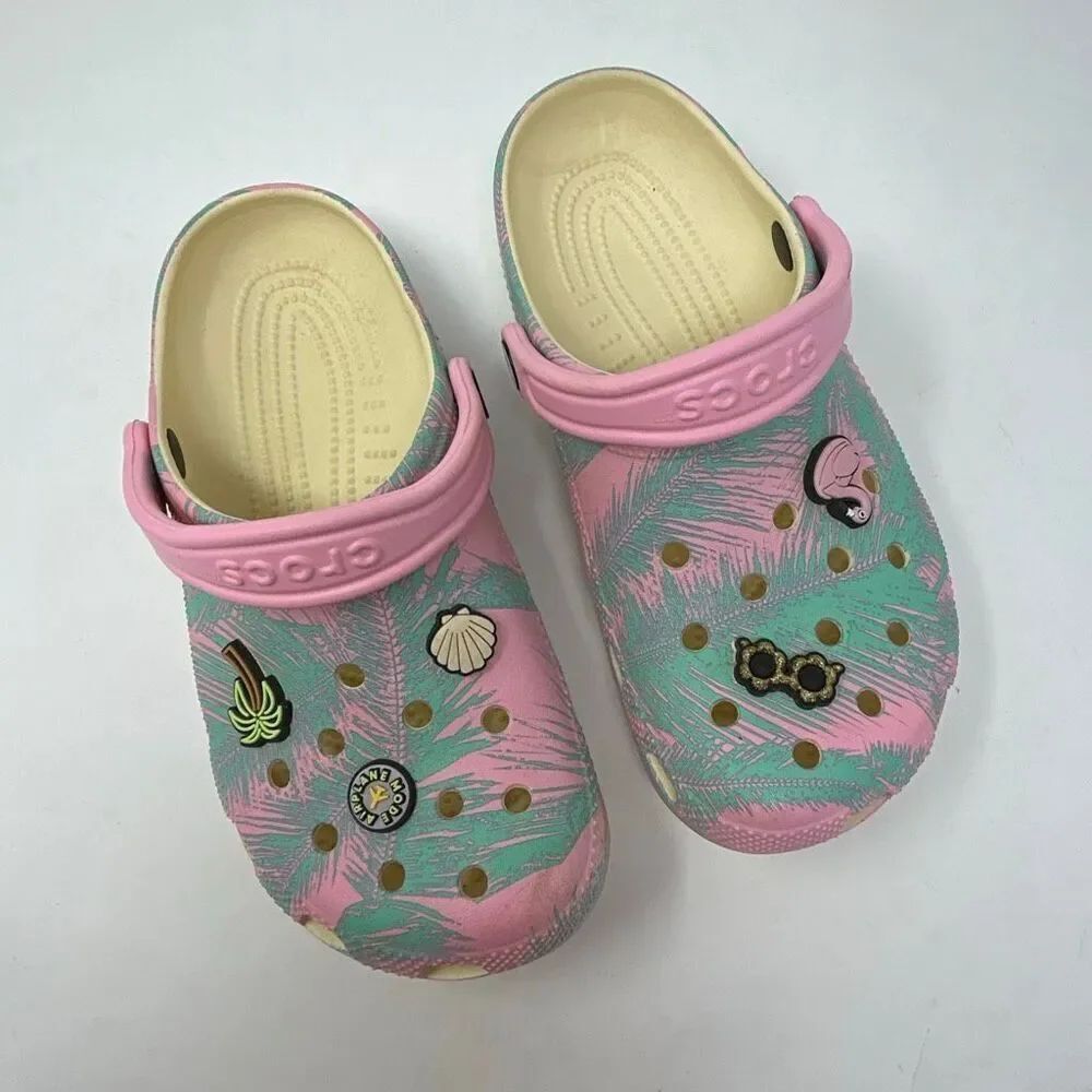 Crocs Classic Spring Break Clog Kids Sz 5 Womens Sz 7 Pink Tropical Jibbitz